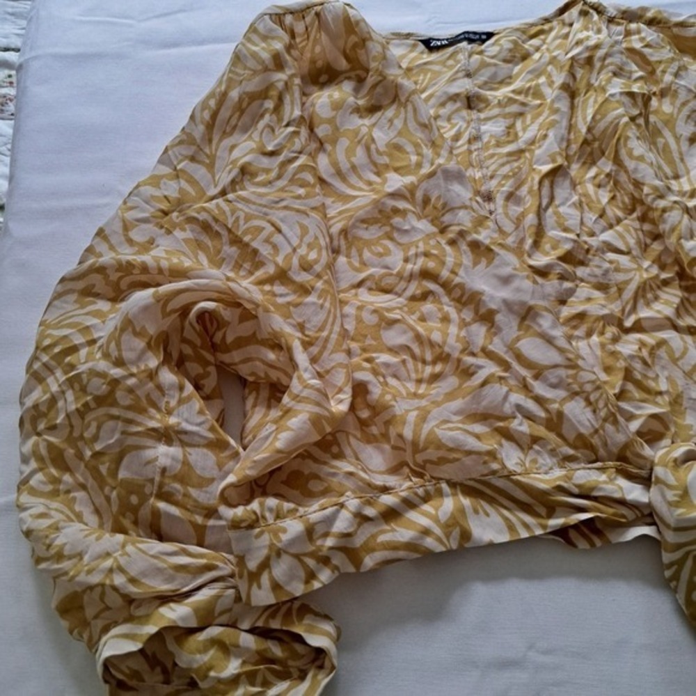 Zara Yellow Floral Damask Print Wrap Blouse Crop Top XL - Picture 2 of 9